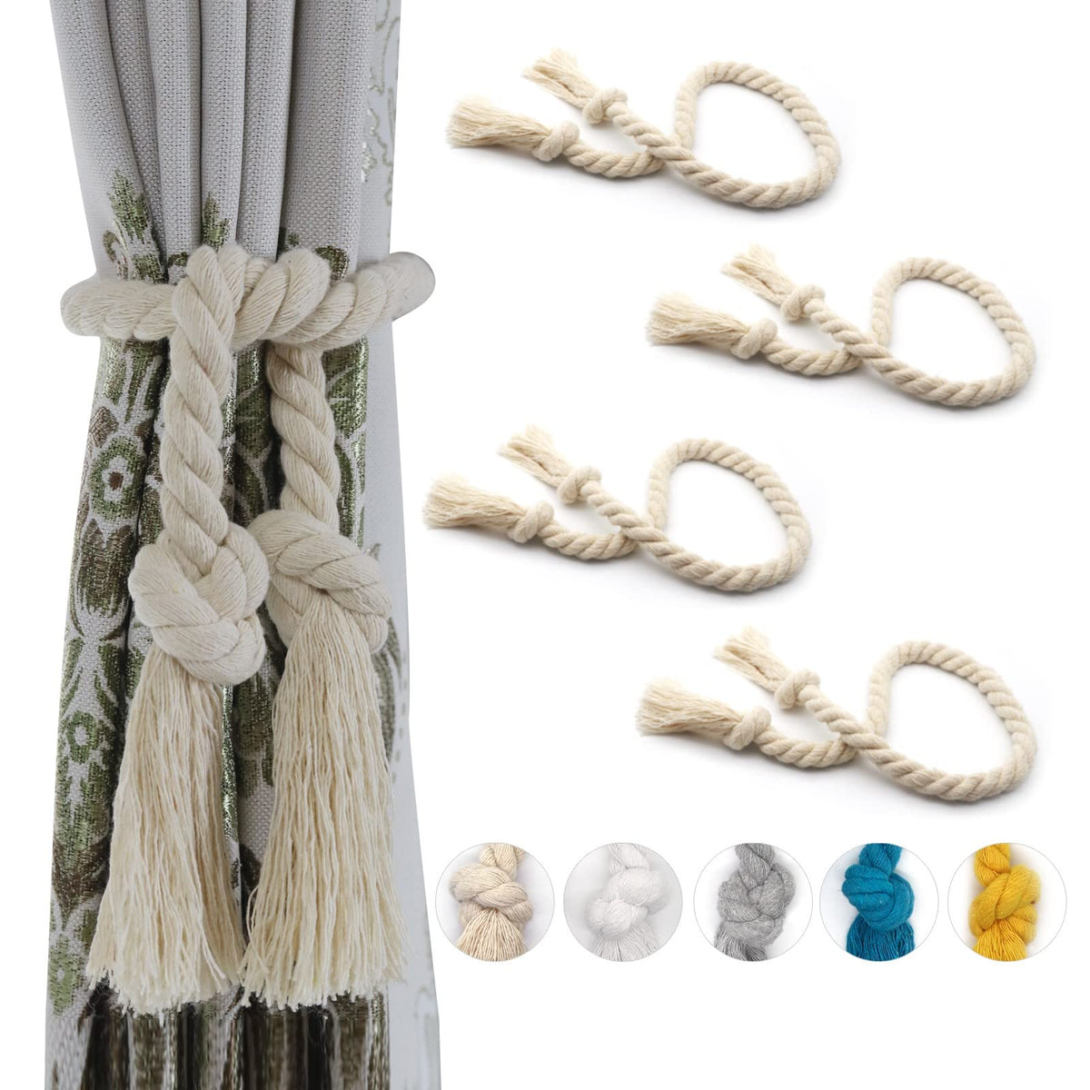 6 Pack Curtain Ties Rope, Outdoor Curtain Tiebacks for Patio Gazebo Pergola Cabana, Natural Cotton Curtain Holders, Village Rural Rustic Farmhouse Curtain Holdbacks for Drapery, Black