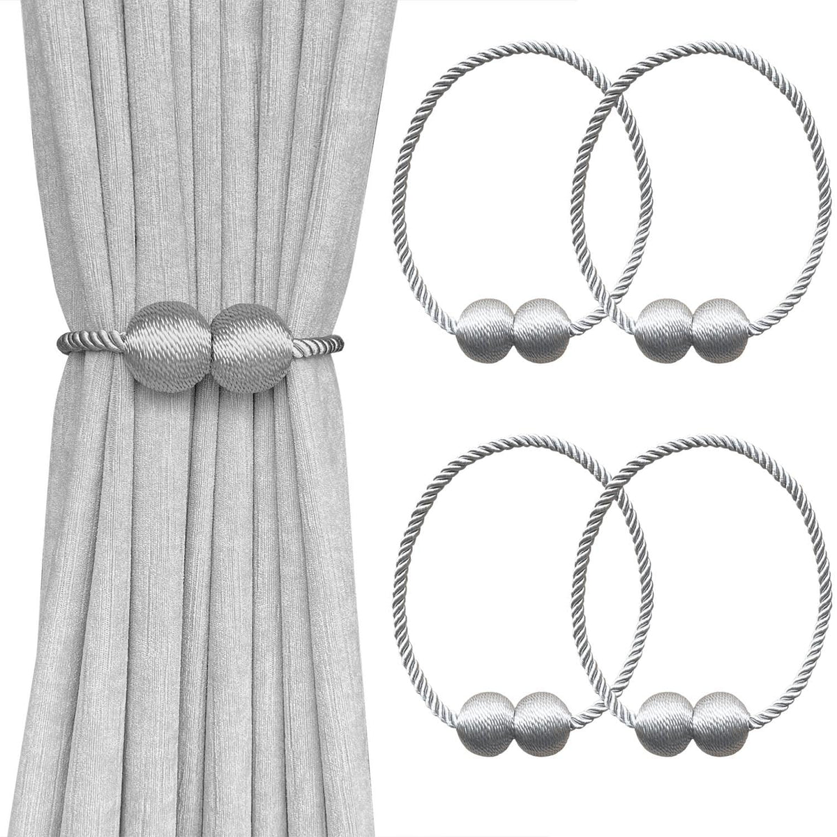 MELALUXE 6 Pack Magnetic Curtain Tiebacks, Decorative Curtain Holdbacks for Window Décor (Grey)