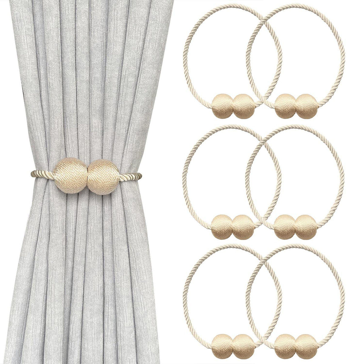 MELALUXE 6 Pack Magnetic Curtain Tiebacks, Decorative Curtain Holdbacks for Window Décor (Grey)