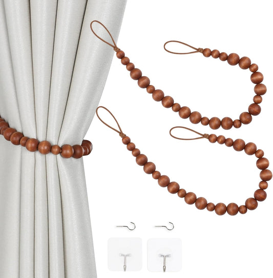2 Pieces Curtain Tieback Wood Bead Curtain Tiebacks Curtain Holdbacks for Wall Curtain Ties Window Treatment Curtain Tie Backs with Hooks Curtain Pull Backs (Coffee,2) C-1