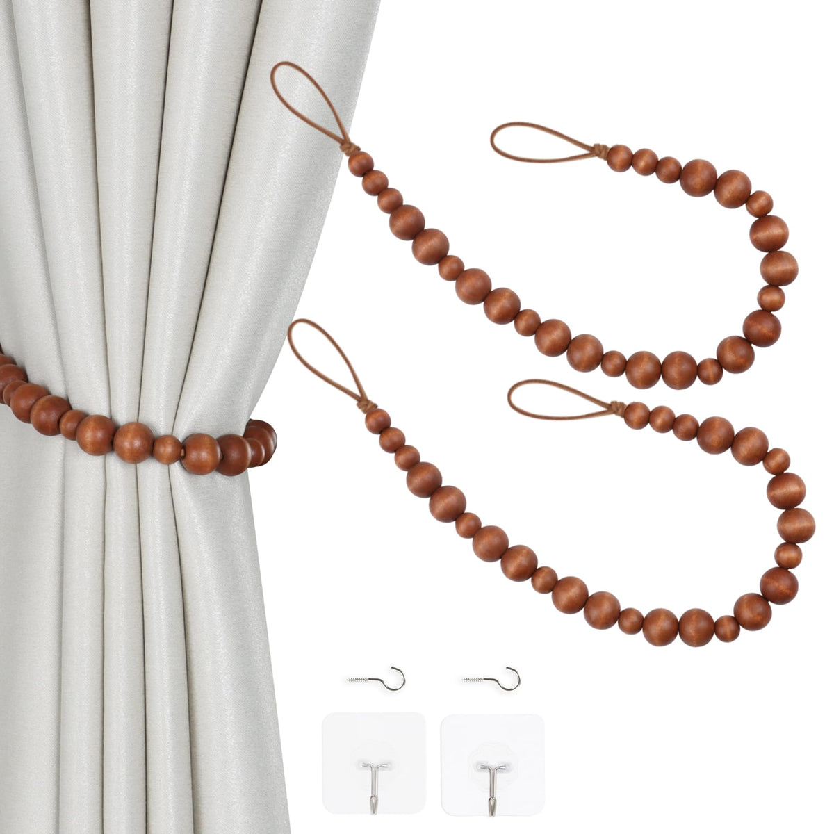2 Pieces Curtain Tieback Wood Bead Curtain Tiebacks Curtain Holdbacks for Wall Curtain Ties Window Treatment Curtain Tie Backs with Hooks Curtain Pull Backs (Coffee,2) C-1