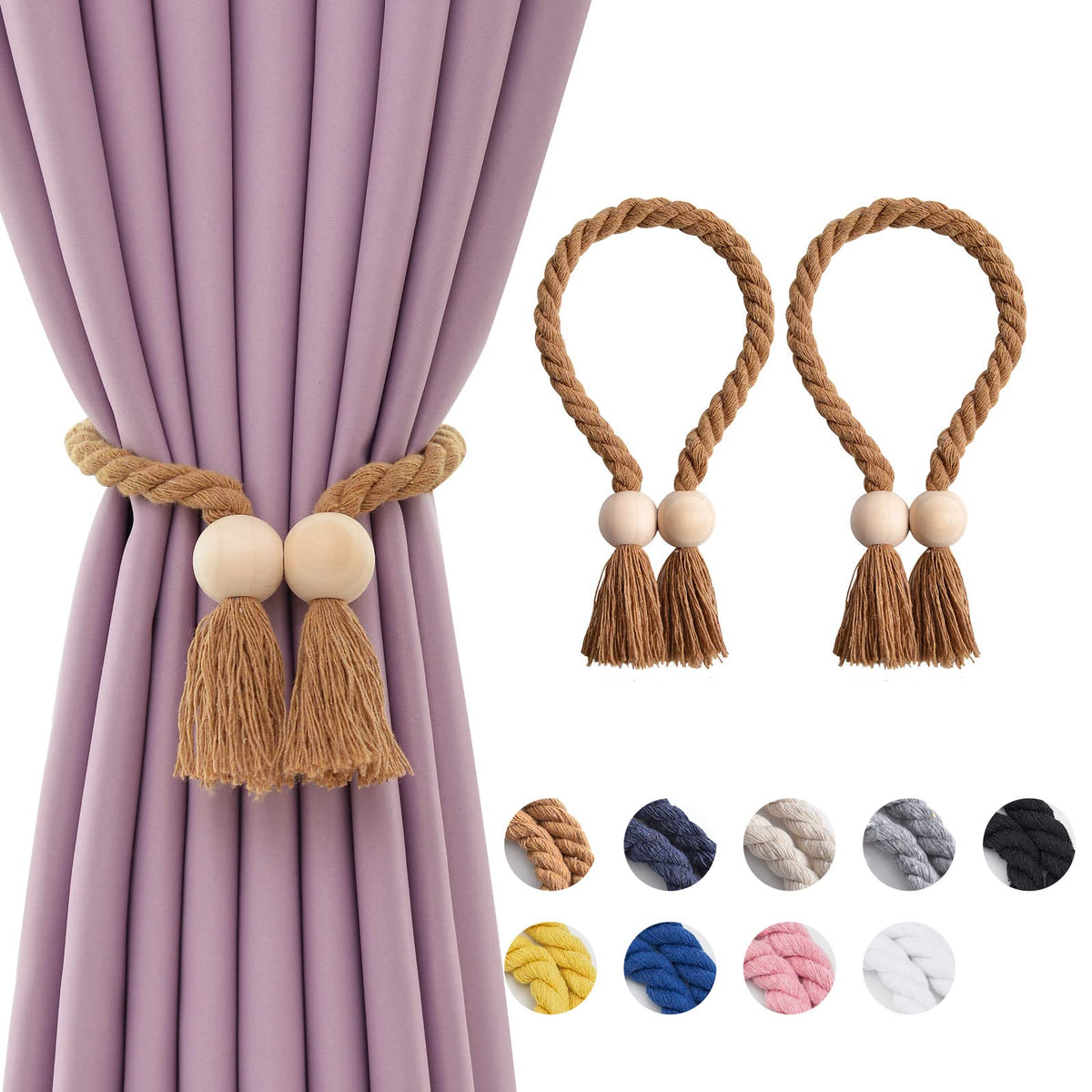 NICEEC 2 Pack Wooden Ball Magnetic Curtain Tiebacks Boho Home Decor Drape Tie Backs Natural Cotton Hand Woven Rope Curtain Holdbacks for Thin & Thick Home & Office Window Draperies (Beige)