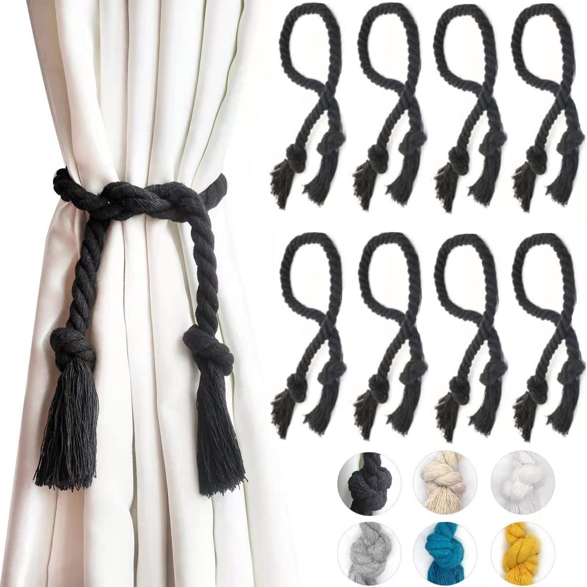 2 Pack Curtain tiebacks Rope, Outdoor Curtain Tiebacks, Natural Cotton Curtain Ties, Village Rural Rustic Farmhouse Curtain Holdbacks Curtain tie Backs Holders for Heavy Duty Drapes, Black