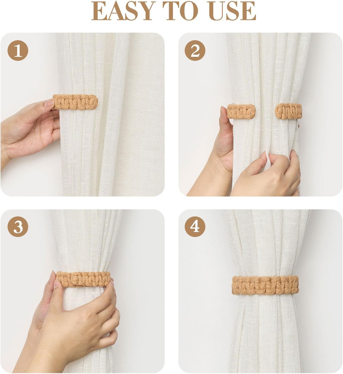 NICEEC 2 Pack Natural Cotton Rope Curtain Tiebacks Farmhouse Rustic Style Decorative Drape Tie Backs Handmade Braided Curtain Holdbacks for Home & Office Sheer/Light Weight Drapery (C-White-S)