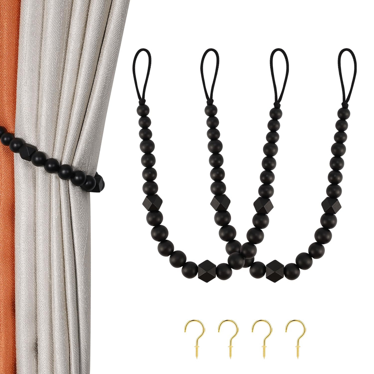 KLOGTSIND Wood Bead Curtain Tiebacks, 2 Pack Curtain Tie Backs with Hooks