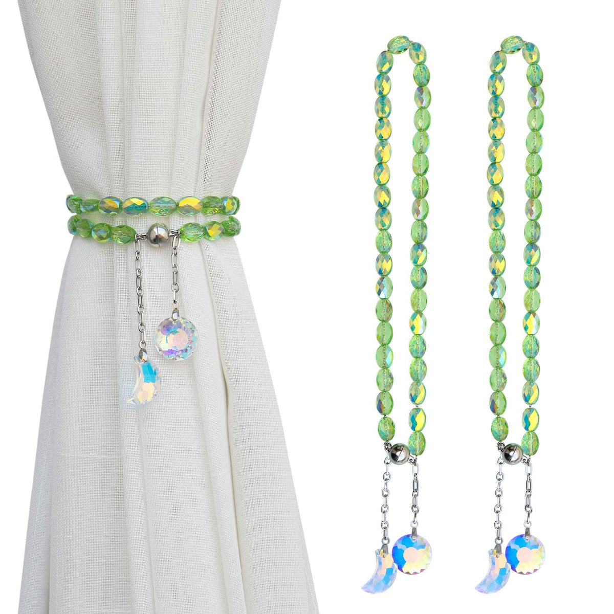 PEDOBO Magnetic Curtain Tiebacks, 2 Pack Crystal Beaded Sun & Moon Pendants Sheers/Draperies Holdbacks for Window Home Office Decor (Purple)