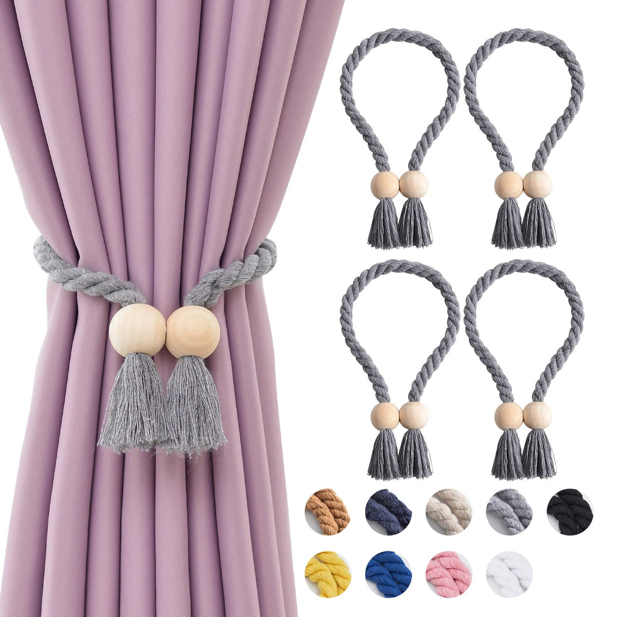 NICEEC 2 Pack Wooden Ball Magnetic Curtain Tiebacks Boho Home Decor Drape Tie Backs Natural Cotton Hand Woven Rope Curtain Holdbacks for Thin & Thick Home & Office Window Draperies (Beige)
