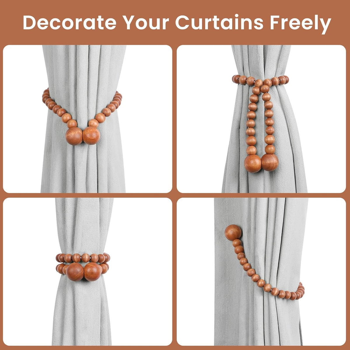 KLOGTSIND Magnetic Curtain Tiebacks, 2 Pack Wood Bead Curtain Holdbacks