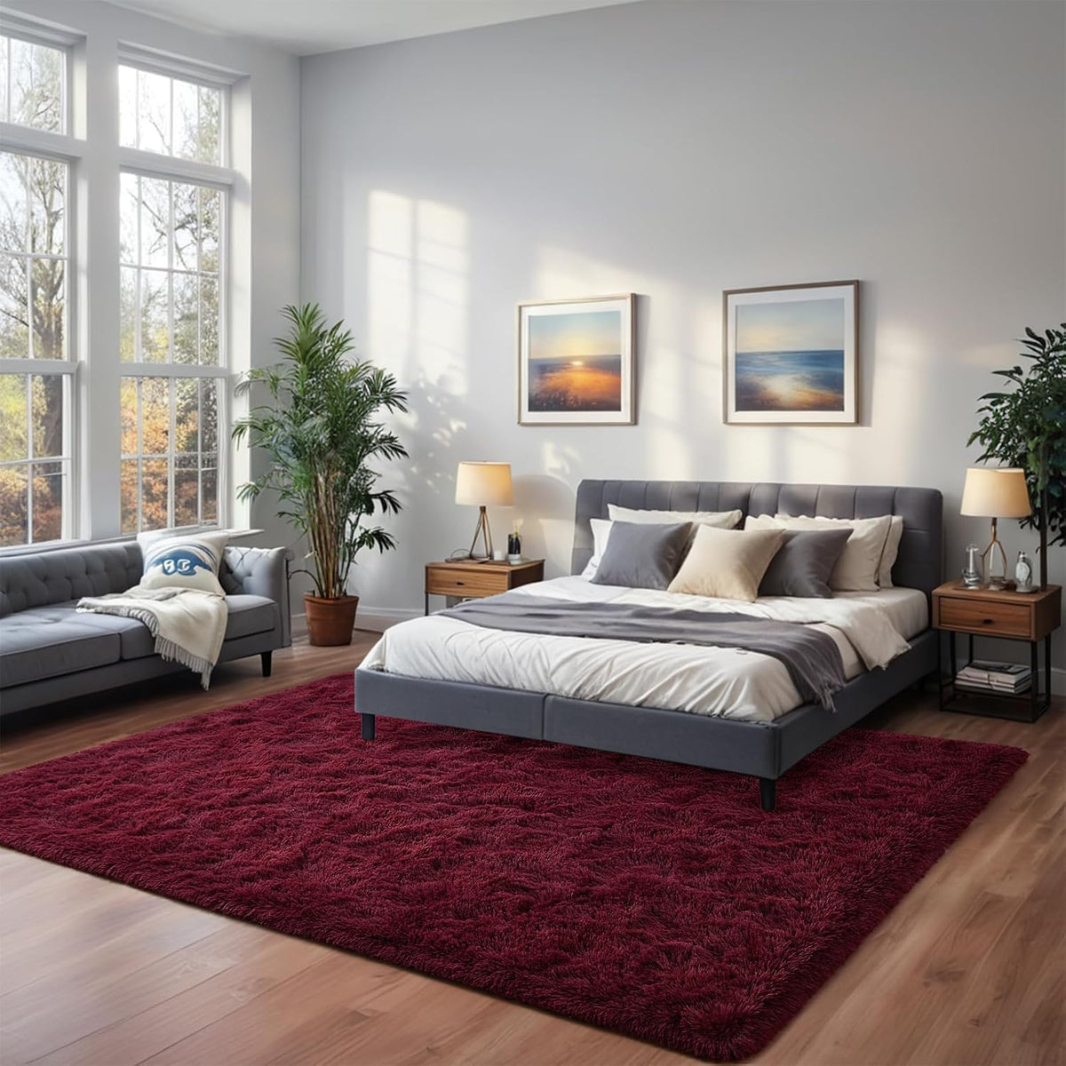 Nuttumico Burgundy Fluffy Shag Area Rug for Living Room Bedroom, 6x9 Feet Ultra Soft Indoor Modern Plush Fuzzy Rug, Thickened Carpet for Kids Playroom, High Pile, Non Slipping