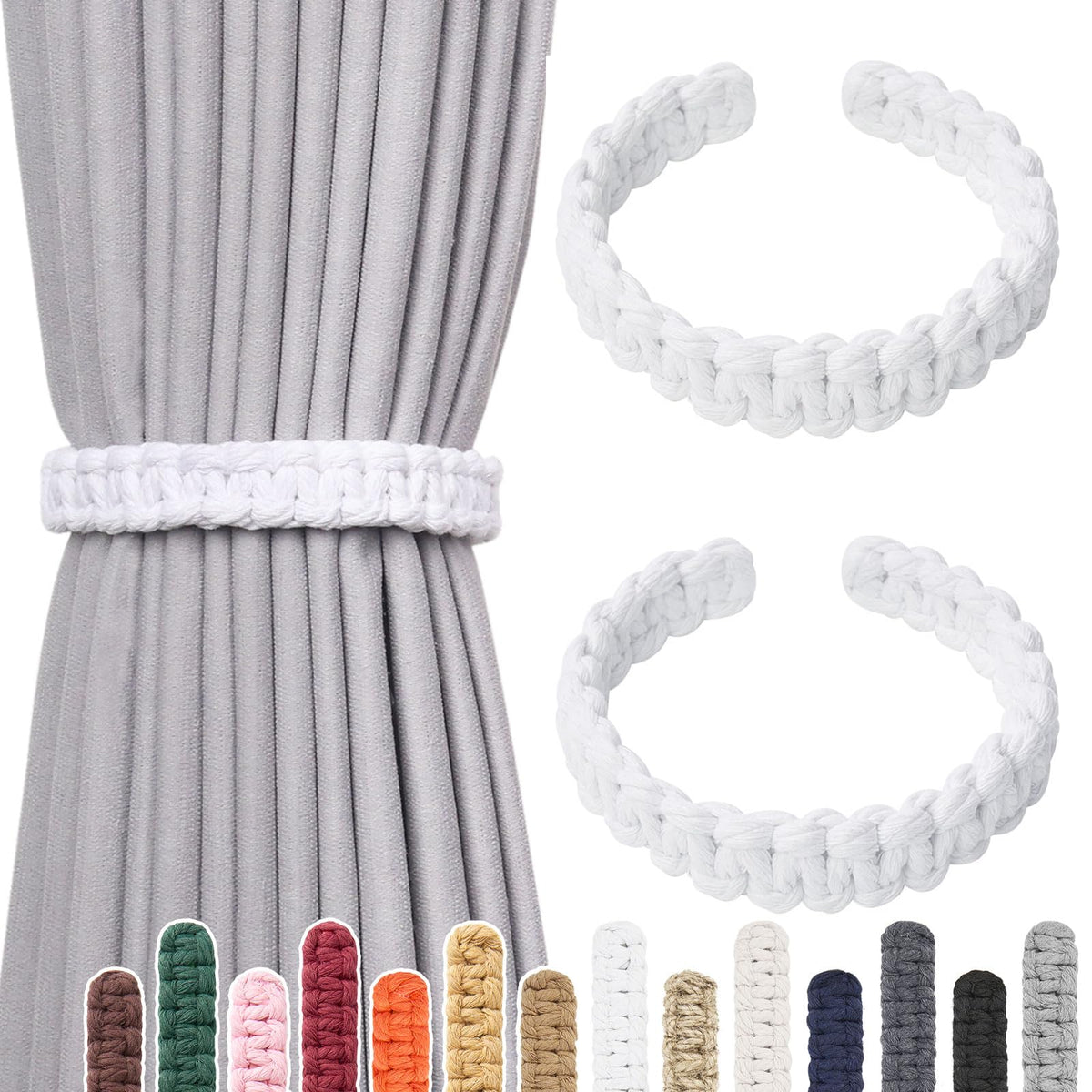 NICEEC 2 Pack Natural Cotton Rope Curtain Tiebacks Farmhouse Rustic Style Decorative Drape Tie Backs Handmade Braided Curtain Holdbacks for Home & Office Sheer/Light Weight Drapery (C-White-S)