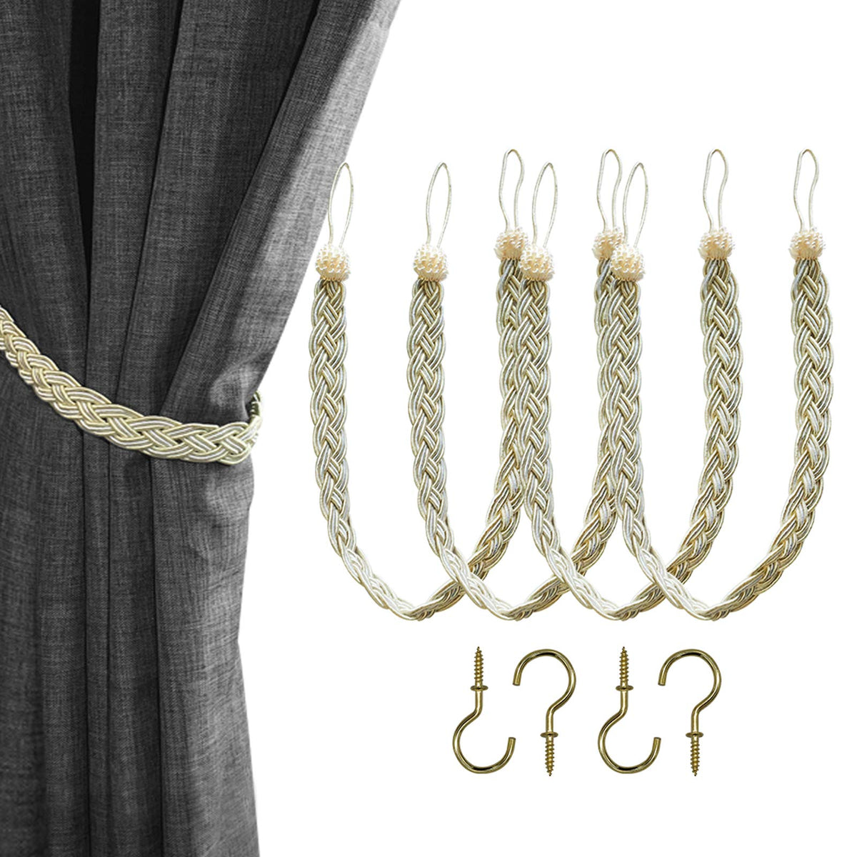 Home Queen Handwoven Rope Curtain Tiebacks for Drapes, 2 Pack Rope Holdbacks with Hooks, 23 Inch Long Polyester and Cotton Braided Tie Backs for Thick and Sheer Curtains,Navy and Silver