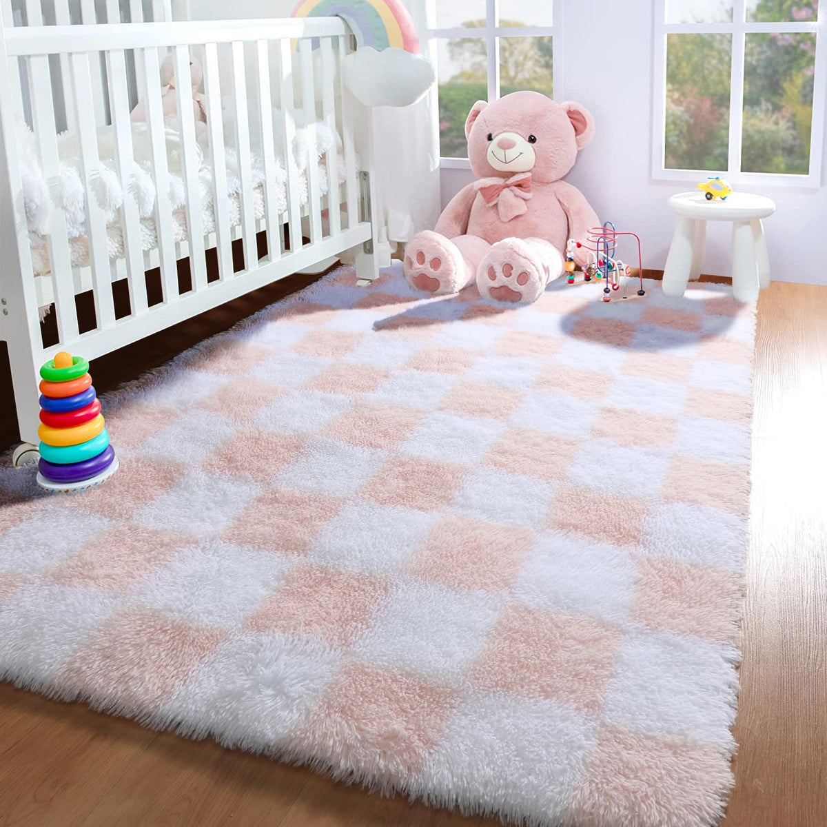 KICMOR Area Rugs 8x10 for Living Room, Large Fluffy Beige and Cream White Checkered Rug Big Fuzzy Shag Shaggy Carpets for Bedroom, Soft Plush Furry Rug for Boy Girls Room Dorm Home Decor Aesthetic