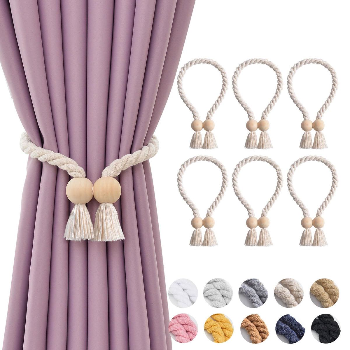 NICEEC 2 Pack Wooden Ball Magnetic Curtain Tiebacks Boho Home Decor Drape Tie Backs Natural Cotton Hand Woven Rope Curtain Holdbacks for Thin & Thick Home & Office Window Draperies (Beige)
