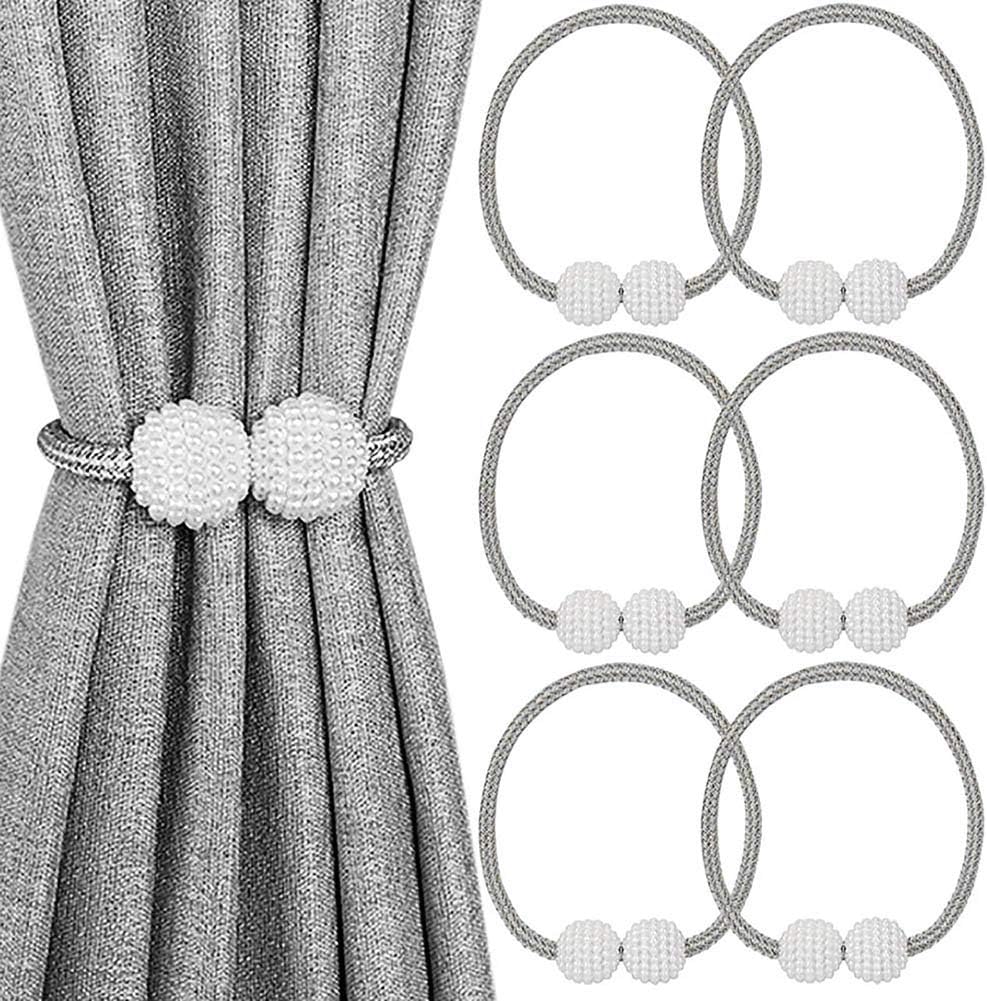 MELALUXE 6 Pack Magnetic Curtain Tiebacks, Decorative Curtain Holdbacks for Window Décor (Grey)