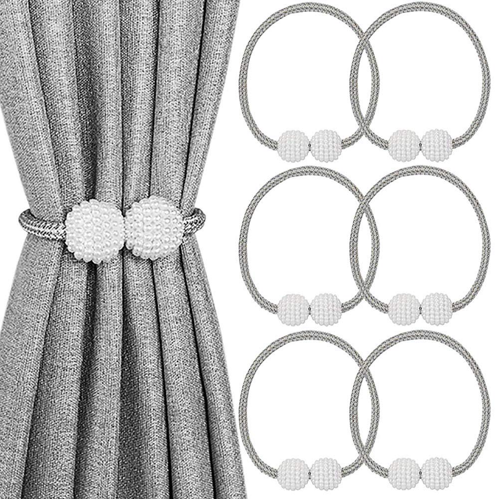 MELALUXE 6 Pack Magnetic Curtain Tiebacks, Decorative Curtain Holdbacks for Window Décor (Grey)