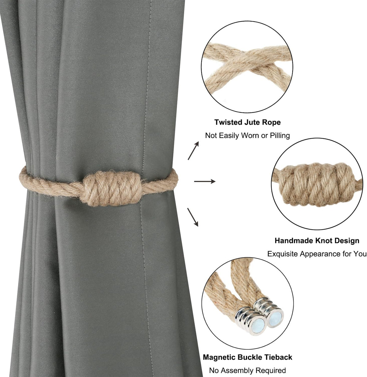 BEL AVENIR Magnetic Jute Curtain Tiebacks 2 Pack Hand-Woven Curtain Ties
