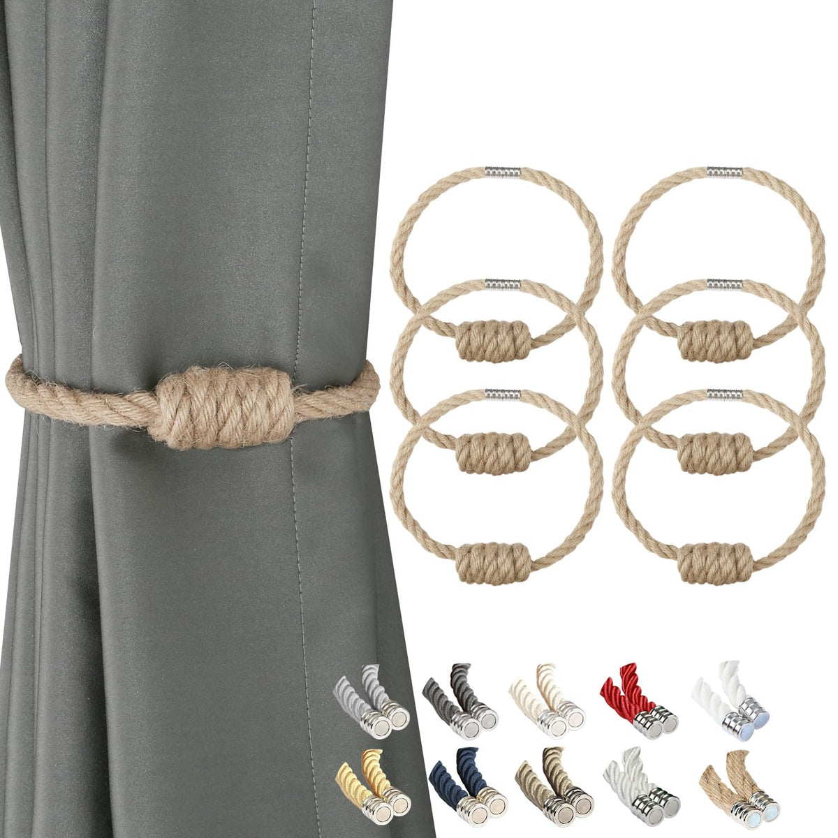 BEL AVENIR Magnetic Jute Curtain Tiebacks 2 Pack Hand-Woven Curtain Ties