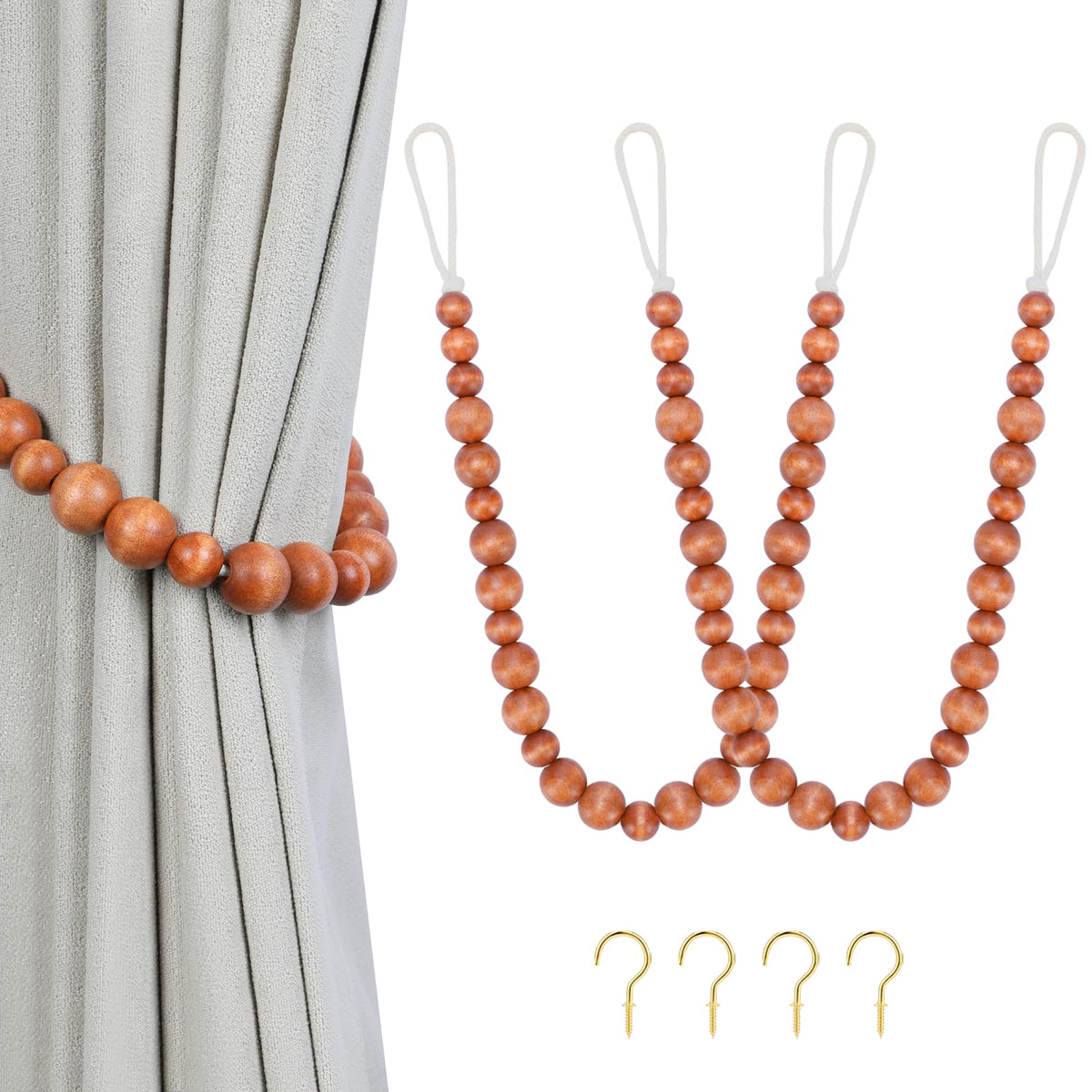 KLOGTSIND Wood Bead Curtain Tiebacks, 2 Pack Curtain Tie Backs with Hooks