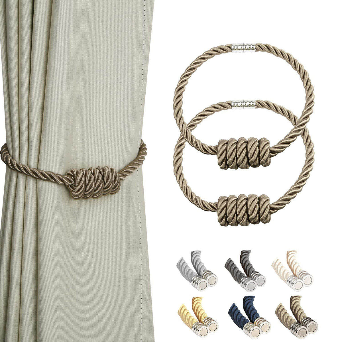 BEL AVENIR Magnetic Jute Curtain Tiebacks 2 Pack Hand-Woven Curtain Ties