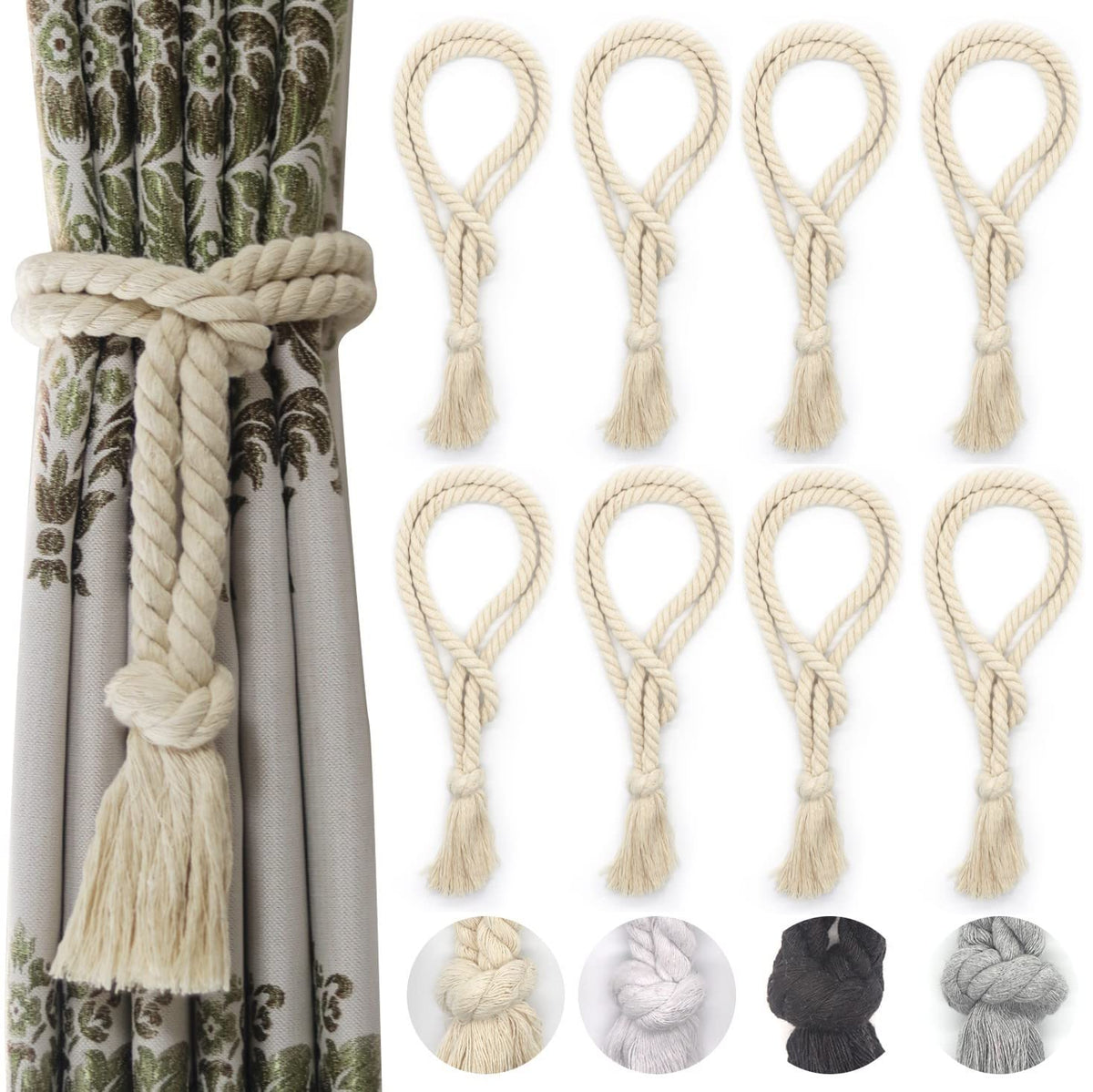 6 Pack Curtain Ties Rope, Outdoor Curtain Tiebacks for Patio Gazebo Pergola Cabana, Natural Cotton Curtain Holders, Village Rural Rustic Farmhouse Curtain Holdbacks for Drapery, Black