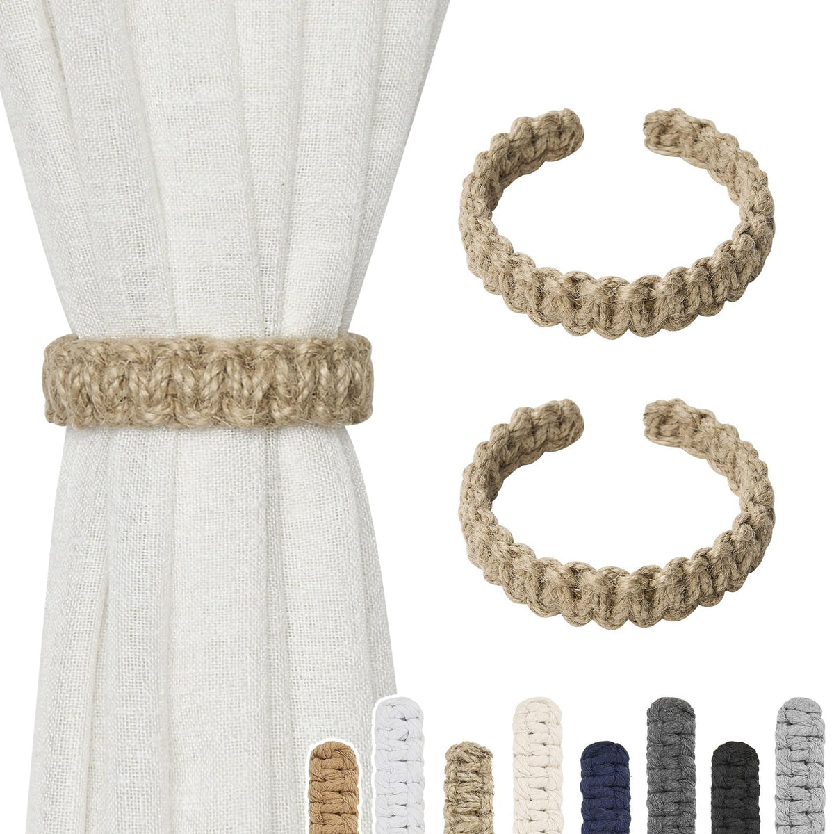 NICEEC 2 Pack Natural Cotton Rope Curtain Tiebacks Farmhouse Rustic Style Decorative Drape Tie Backs Handmade Braided Curtain Holdbacks for Home & Office Sheer/Light Weight Drapery (C-White-S)