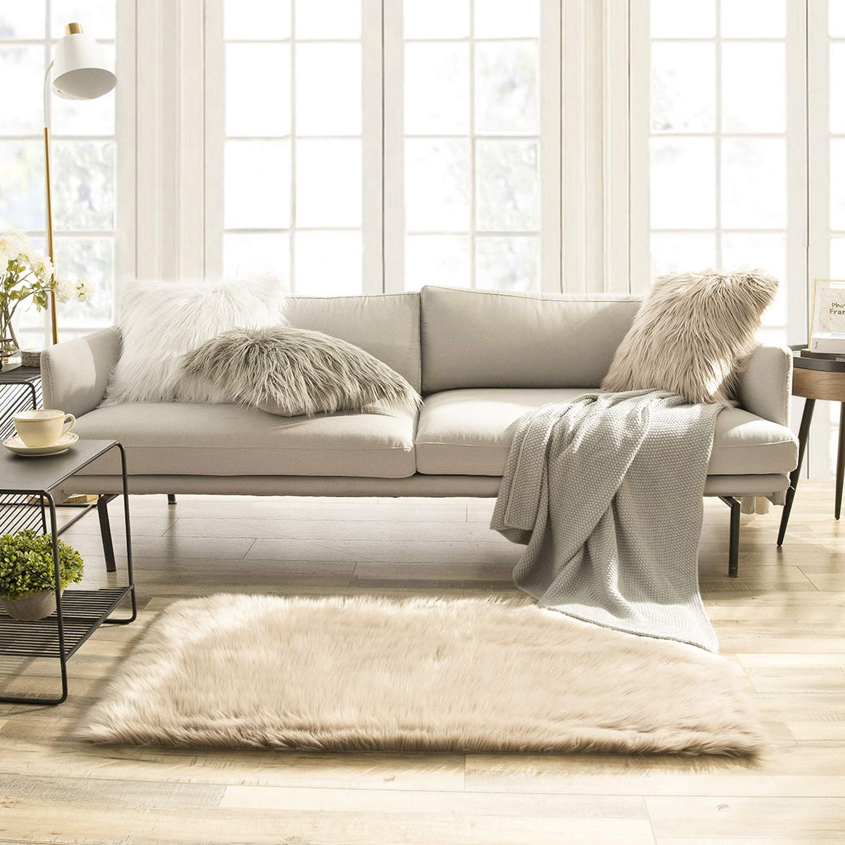 Ashler Faux Fur Rug, White, 2 x 6 Ft, Machine Washable