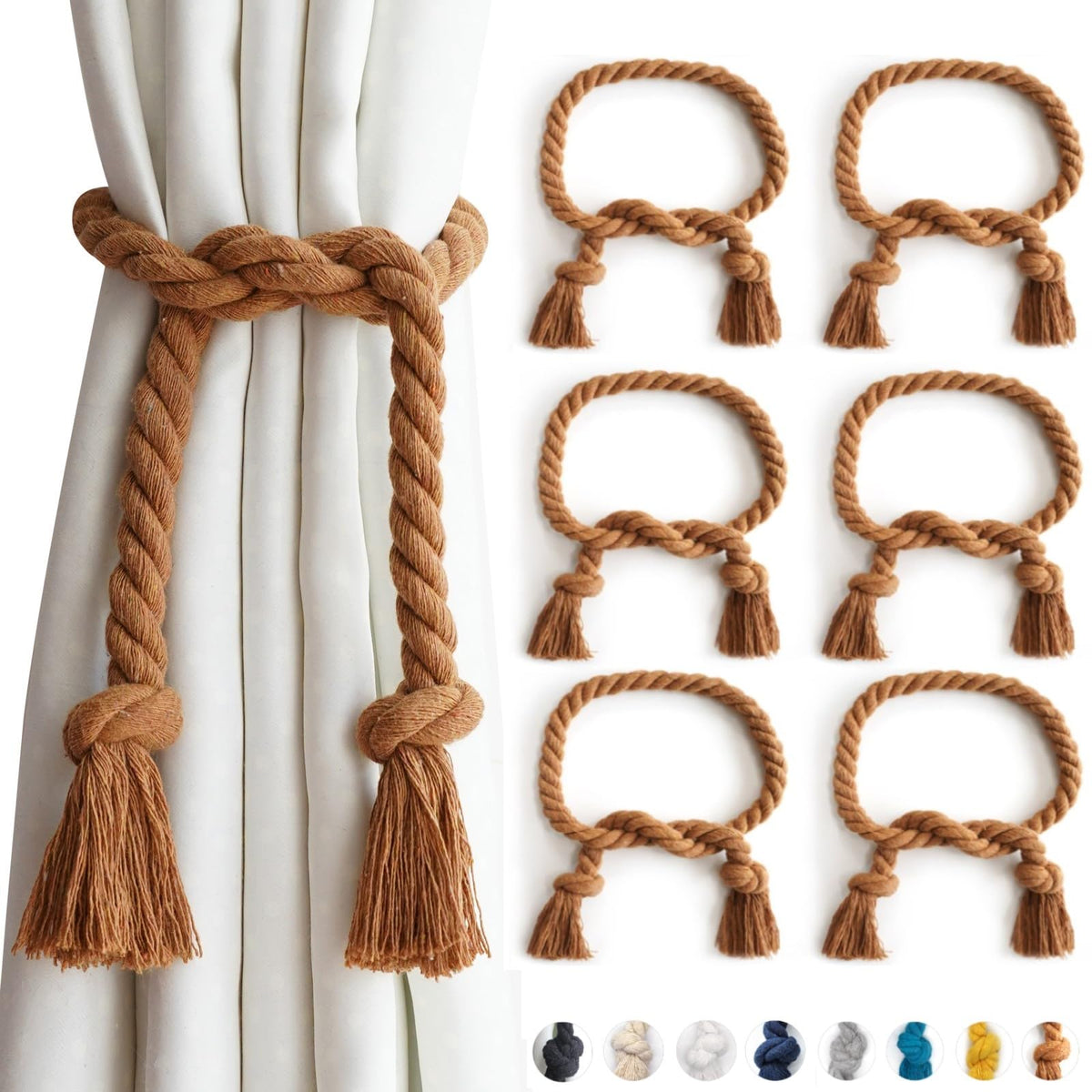 6 Pack Curtain Ties Rope, Outdoor Curtain Tiebacks for Patio Gazebo Pergola Cabana, Natural Cotton Curtain Holders, Village Rural Rustic Farmhouse Curtain Holdbacks for Drapery, Black