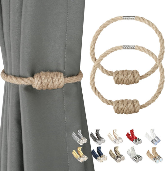 BEL AVENIR Magnetic Jute Curtain Tiebacks 2 Pack Hand-Woven Curtain Ties