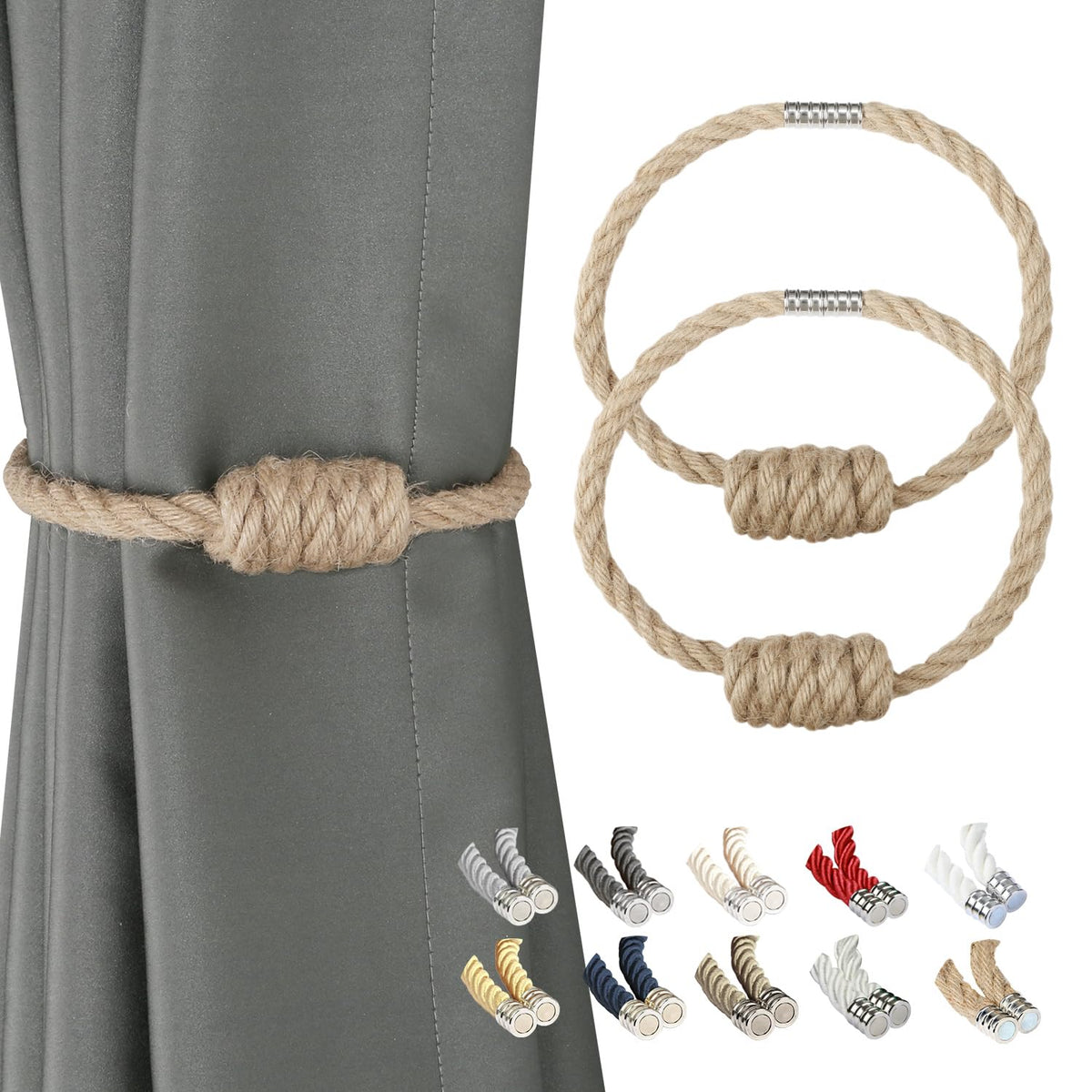 BEL AVENIR Magnetic Jute Curtain Tiebacks 2 Pack Hand-Woven Curtain Ties