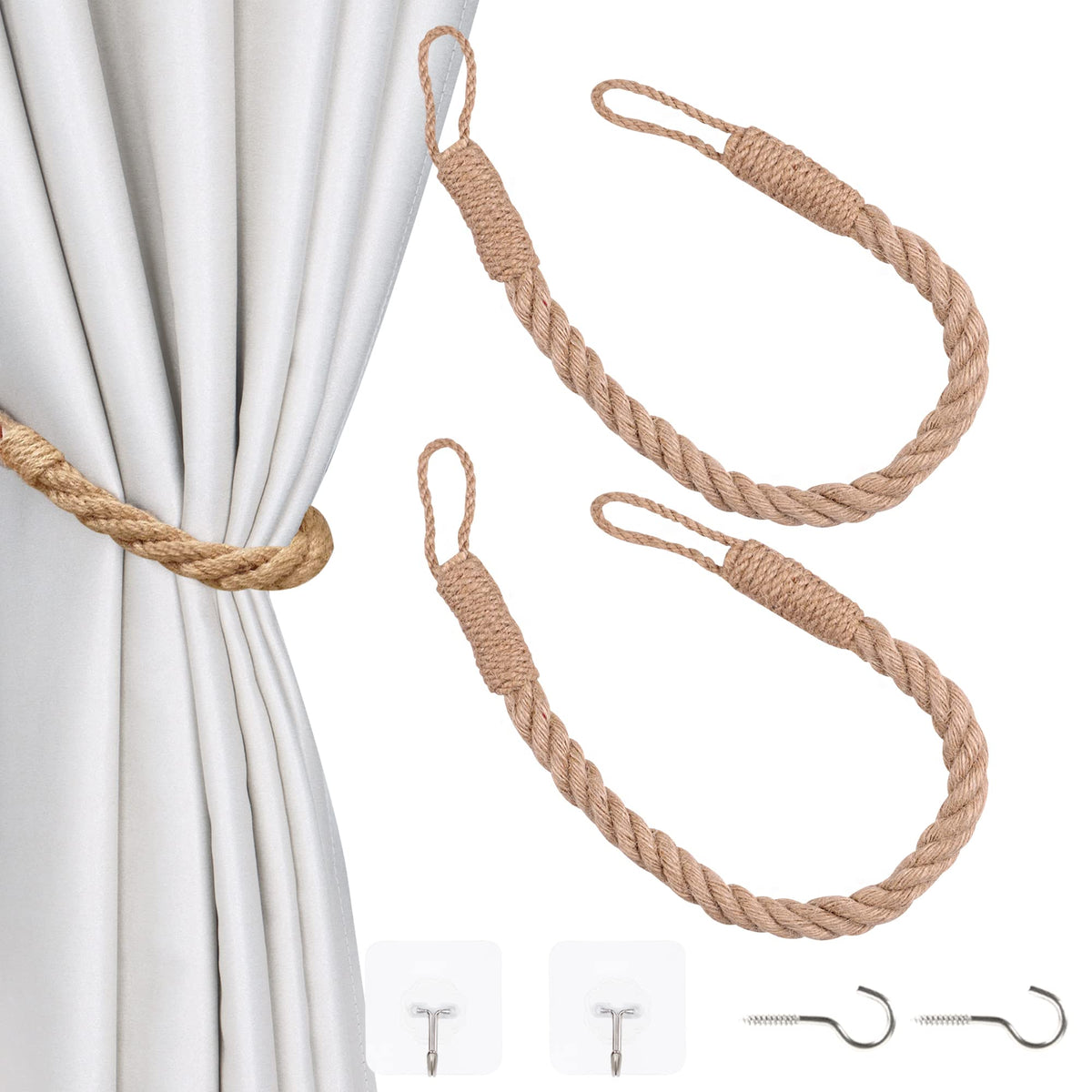 4 Pack Curtain Tiebacks Hemp Rope Curtain Holdbacks, Khaki