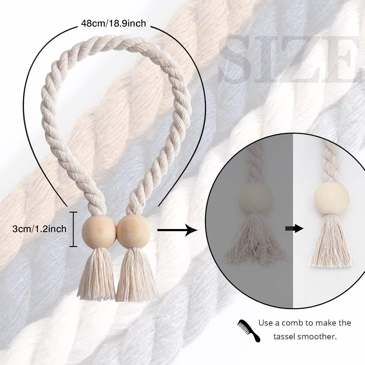 NICEEC 2 Pack Wooden Ball Magnetic Curtain Tiebacks Boho Home Decor Drape Tie Backs Natural Cotton Hand Woven Rope Curtain Holdbacks for Thin & Thick Home & Office Window Draperies (Beige)