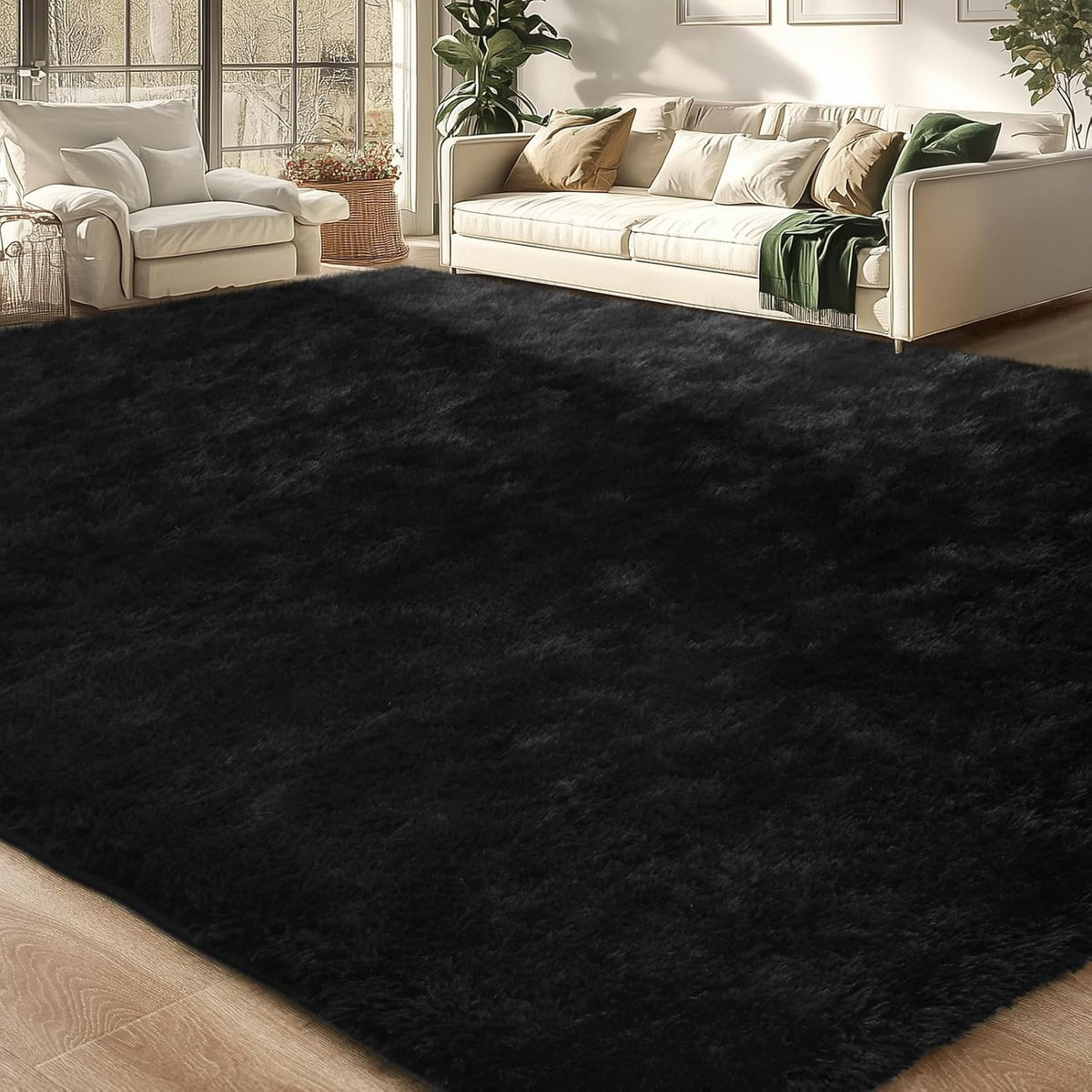 Merelax Soft Modern Indoor Large Shaggy Rug for Livingroom Bedroom Dorm Kids Room Home Decor, Non-Slip Plush Fluffy Furry Fur Area Rugs Comfy Nursery Accent Floor Carpet 9x12 Feet, Black
