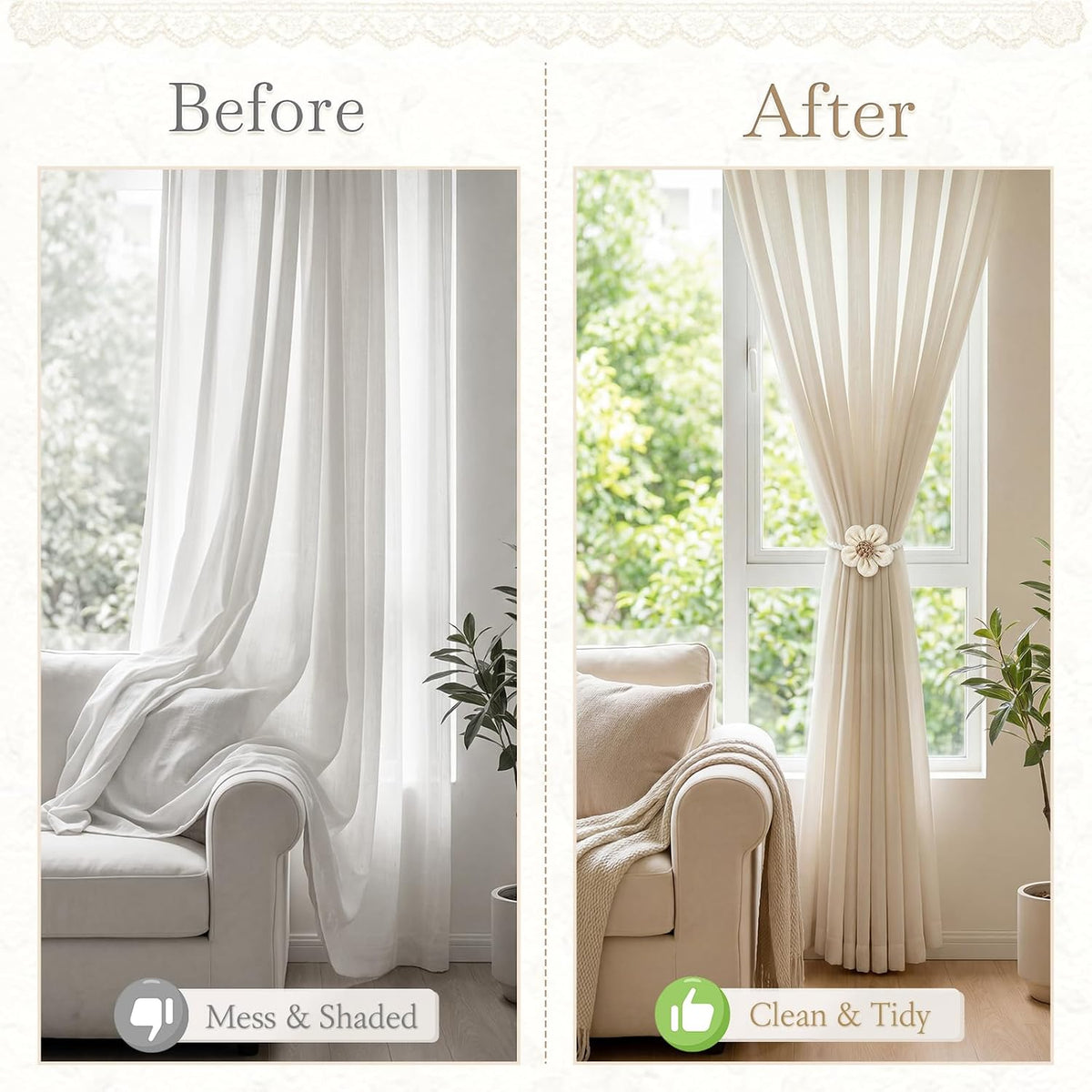 VIS'V Magnetic Curtain Tiebacks, Boho Curtain Holdbacks, Cream, 2 Pcs