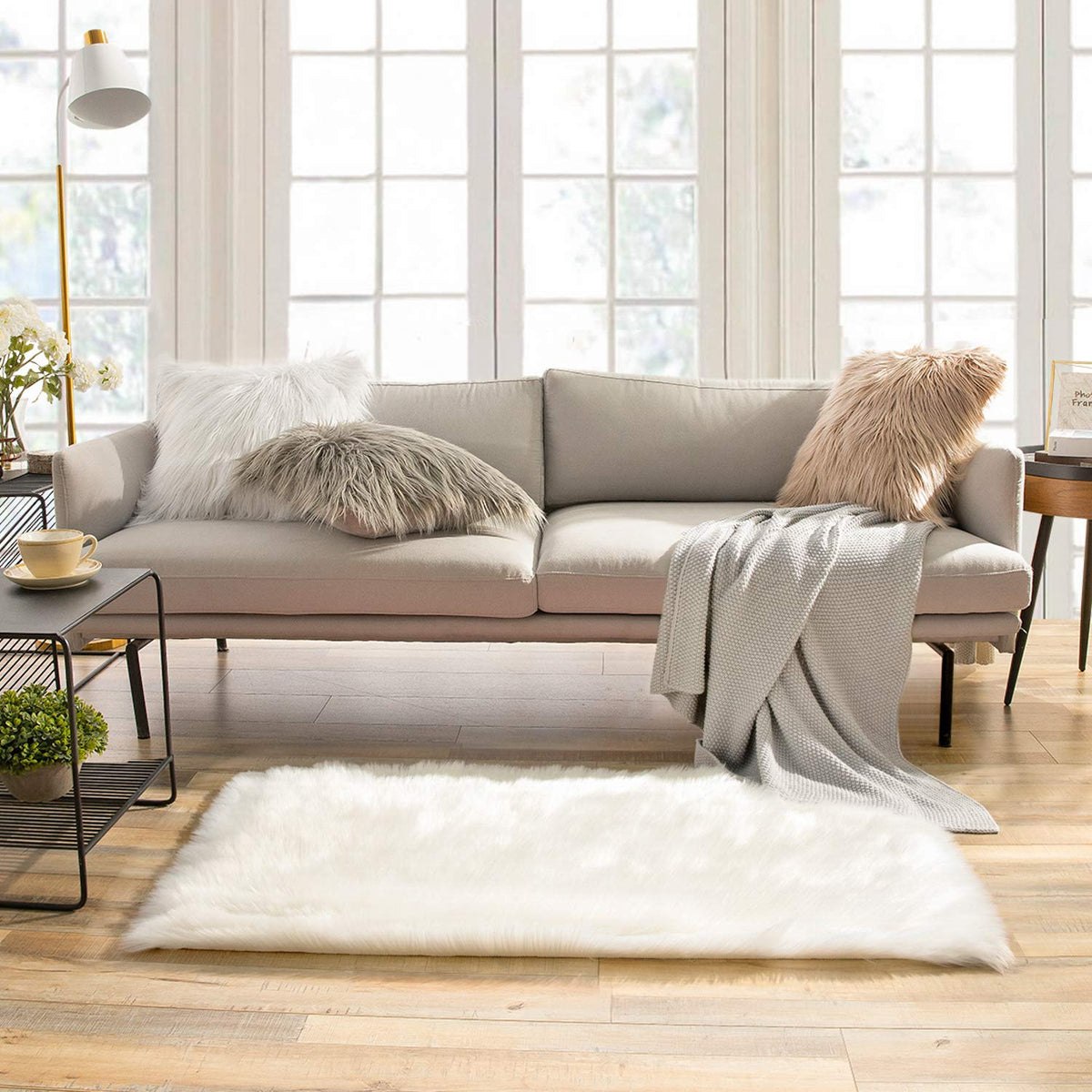 Ashler Faux Fur Rug, White, 2 x 6 Ft, Machine Washable