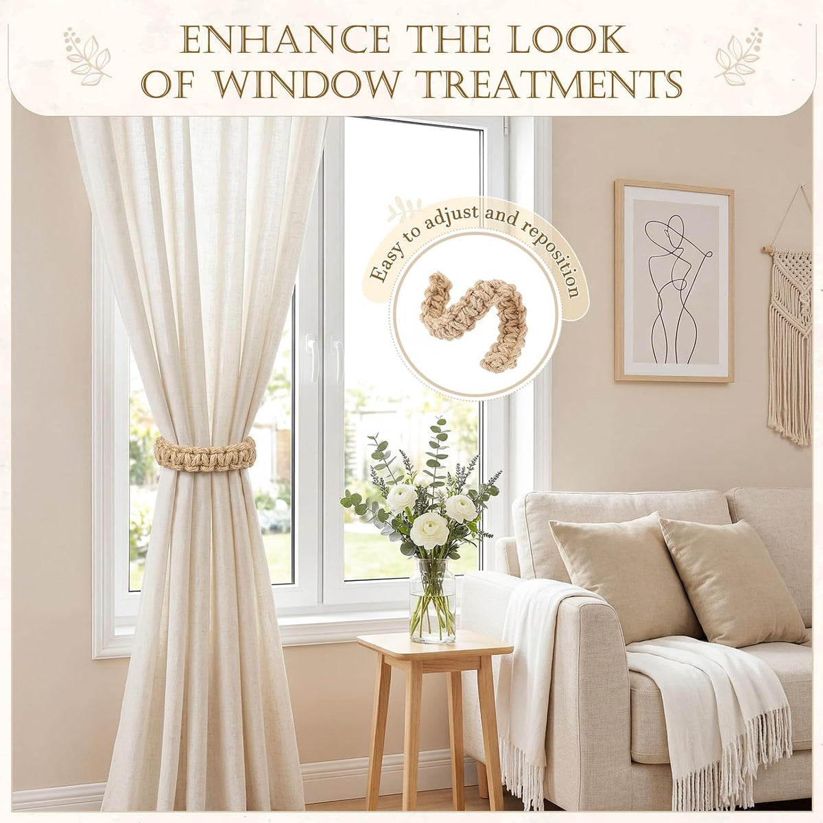 Boho Curtain Tiebacks, Braided Curtain Holdbacks, Brown, 4 Pcs