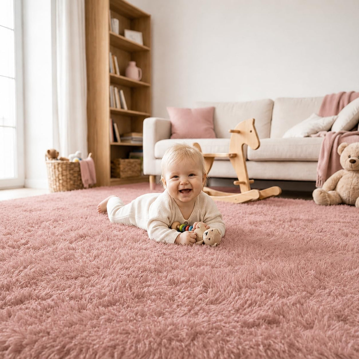 8x10 Area Rugs for Living Room, Large Fluffy Soft Shag Rug, Non-Slip Thick Fuzzy Plush Rug, Non-Shedding High Pile Furry Floor Indoor Carpet for Kids Room Nursery Dorm Home Decor(Beige)