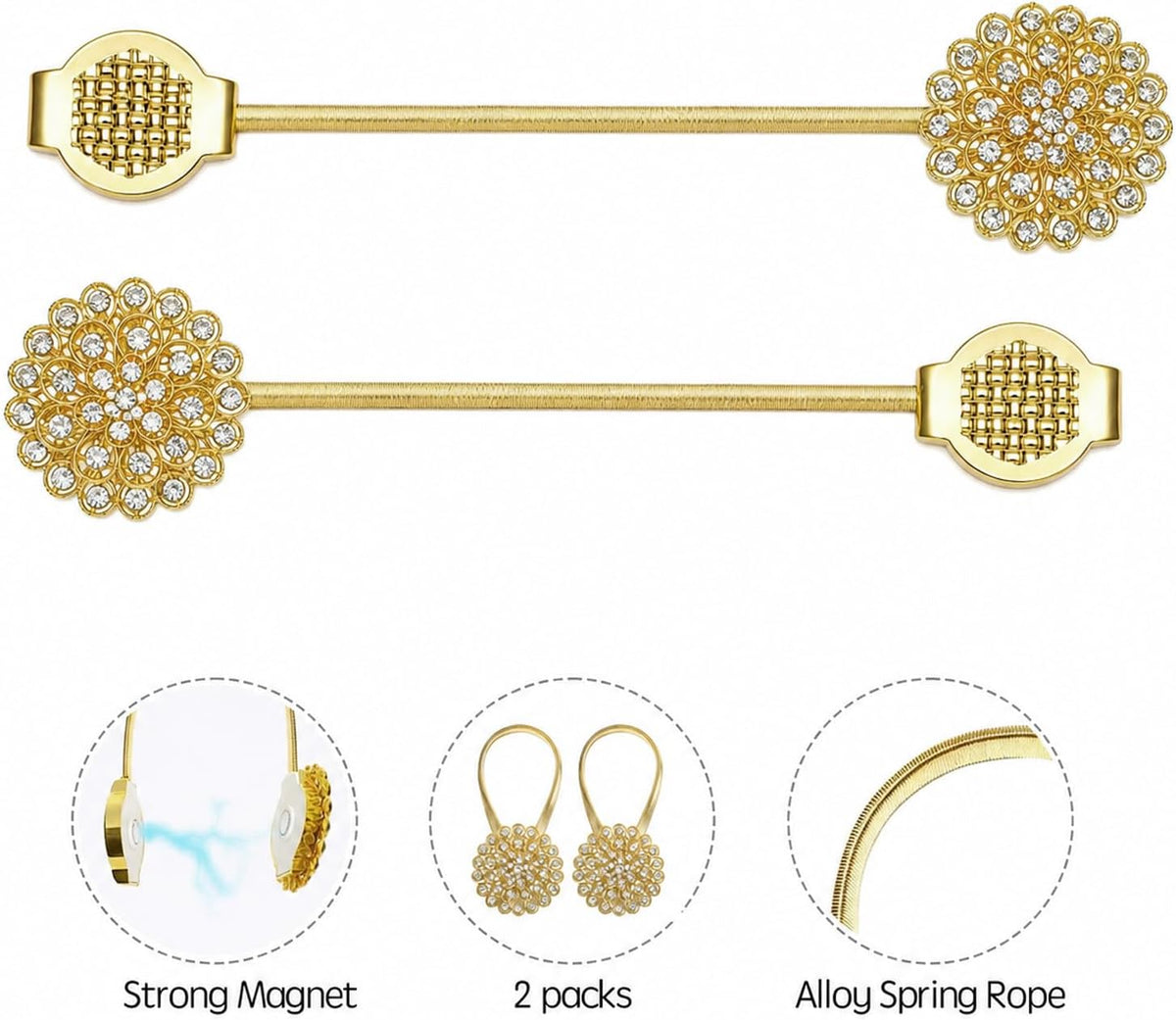 Magnetic Tiebacks for Curtain 2 Pack, Gold Crystal Flower Holdback