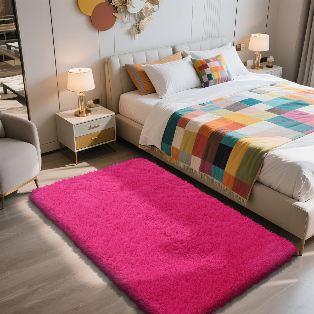 Pink Fluffy Round Area Rugs for Bedroom,3ft Shag Circle Small Area Rugs