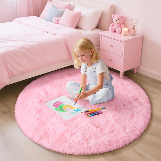 EVOIONOS Pink Round Rug for Bedroom, 4x4 Ft Fluffy Soft Circle Area Rugs for Living Room, Plush Shaggy Circular Carpet for Indoor Floor Bedside Girls Nursery, Machine-Washable Home Decor Aesthetic