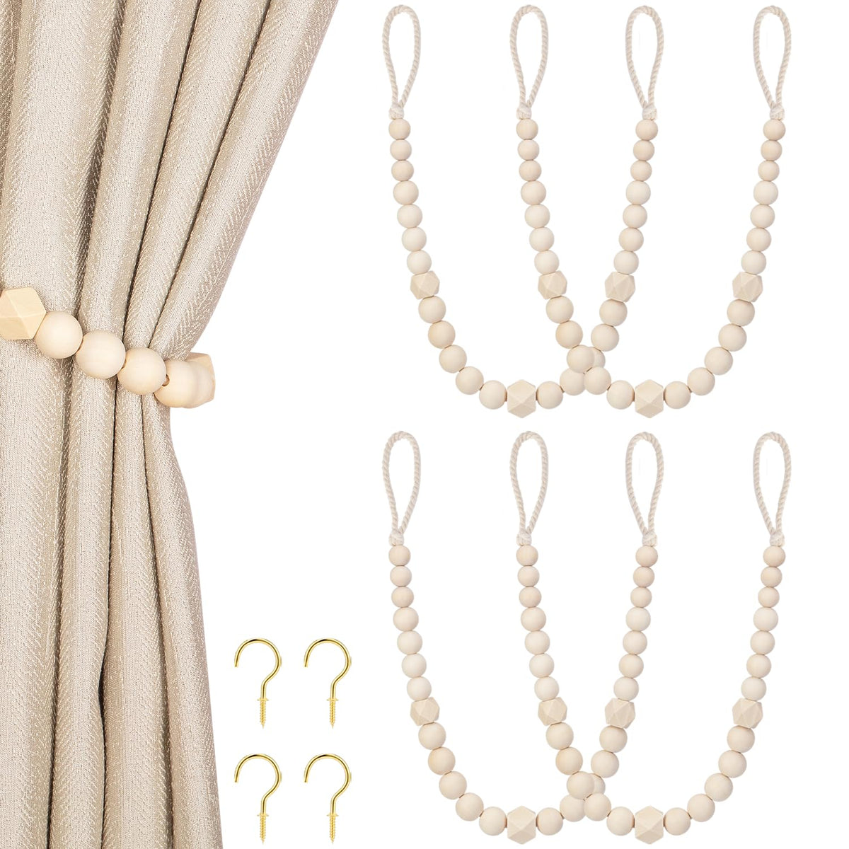 KLOGTSIND Wood Bead Curtain Tiebacks, 2 Pack Curtain Tie Backs with Hooks