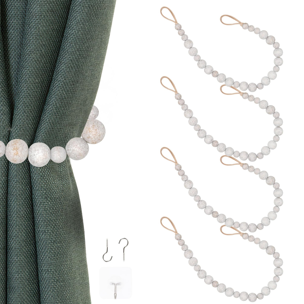 2 Pieces Curtain Tieback Wood Bead Curtain Tiebacks Curtain Holdbacks for Wall Curtain Ties Window Treatment Curtain Tie Backs with Hooks Curtain Pull Backs (Coffee,2) C-1