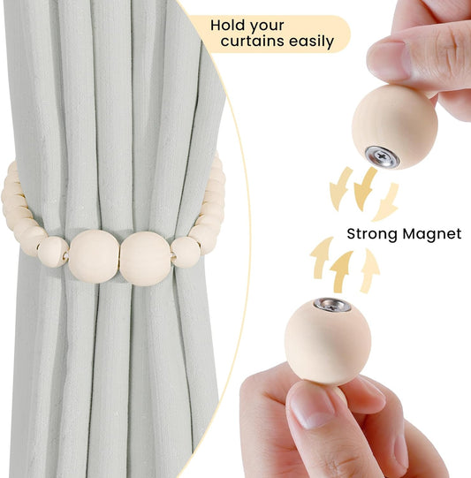 KLOGTSIND Magnetic Curtain Tiebacks, 2 Pack Wood Bead Curtain Holdbacks