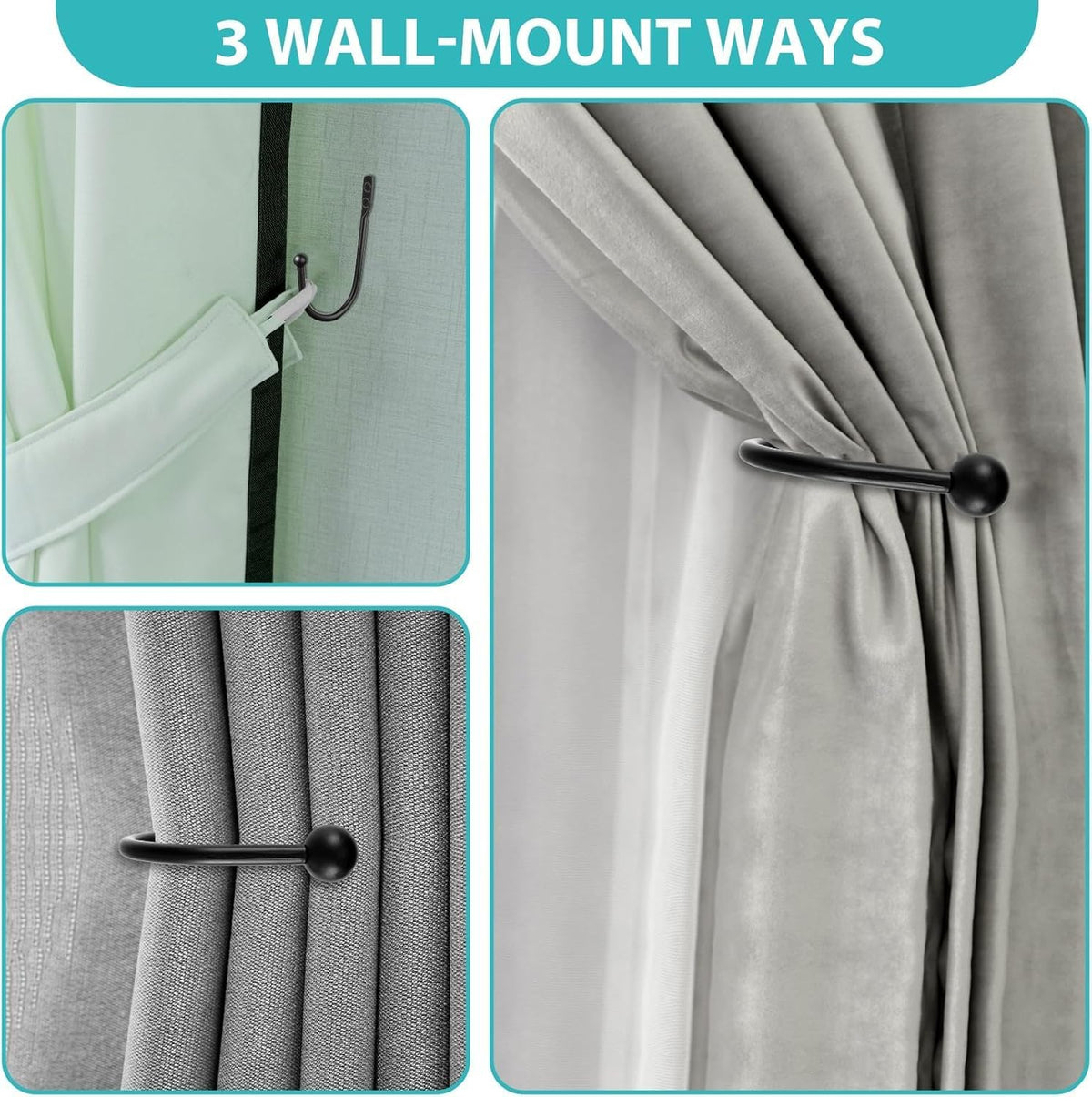 8 Pcs Curtain Tie Backs, Black, Metal Curtain Holdbacks (8pcs-Small)
