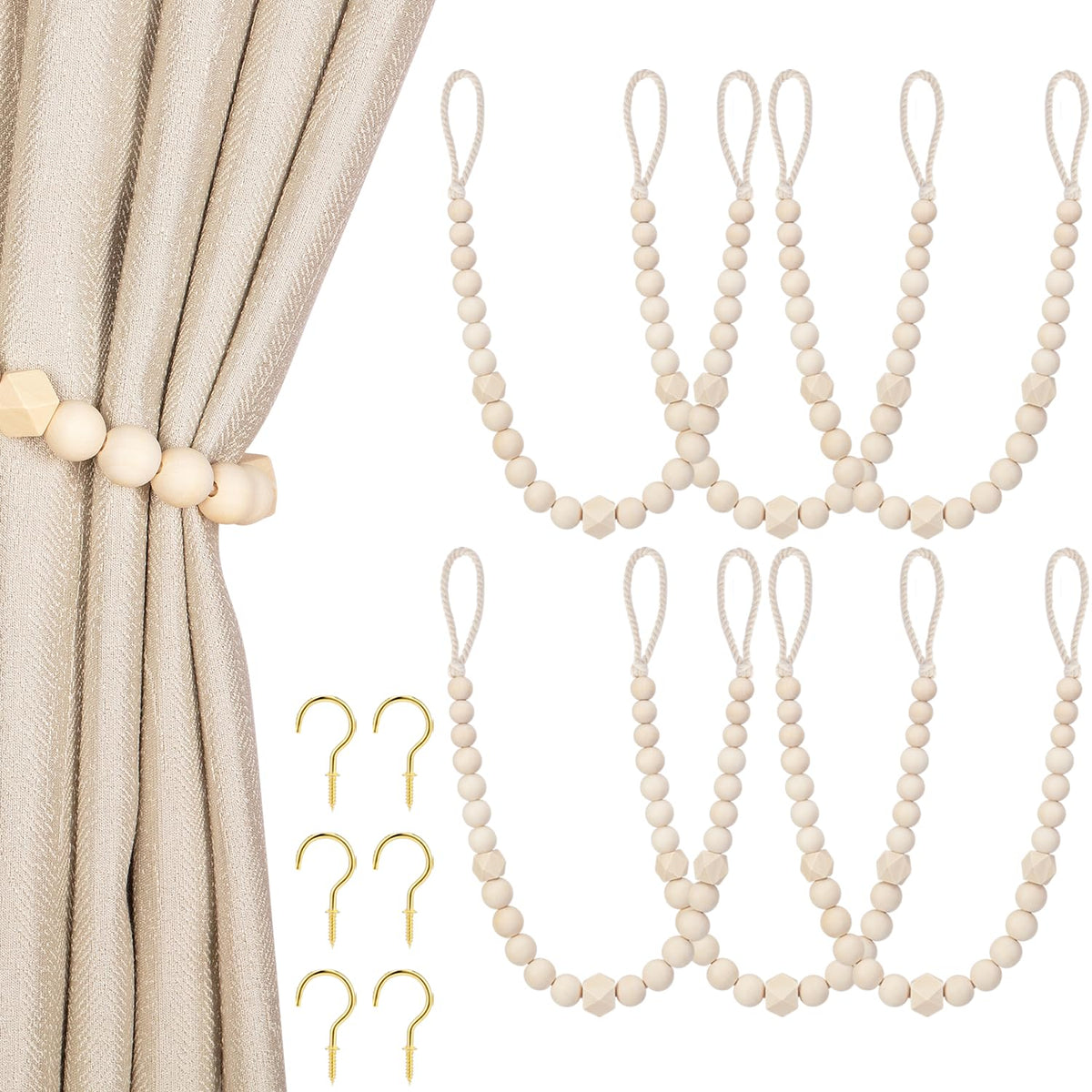 KLOGTSIND Wood Bead Curtain Tiebacks, 2 Pack Curtain Tie Backs with Hooks