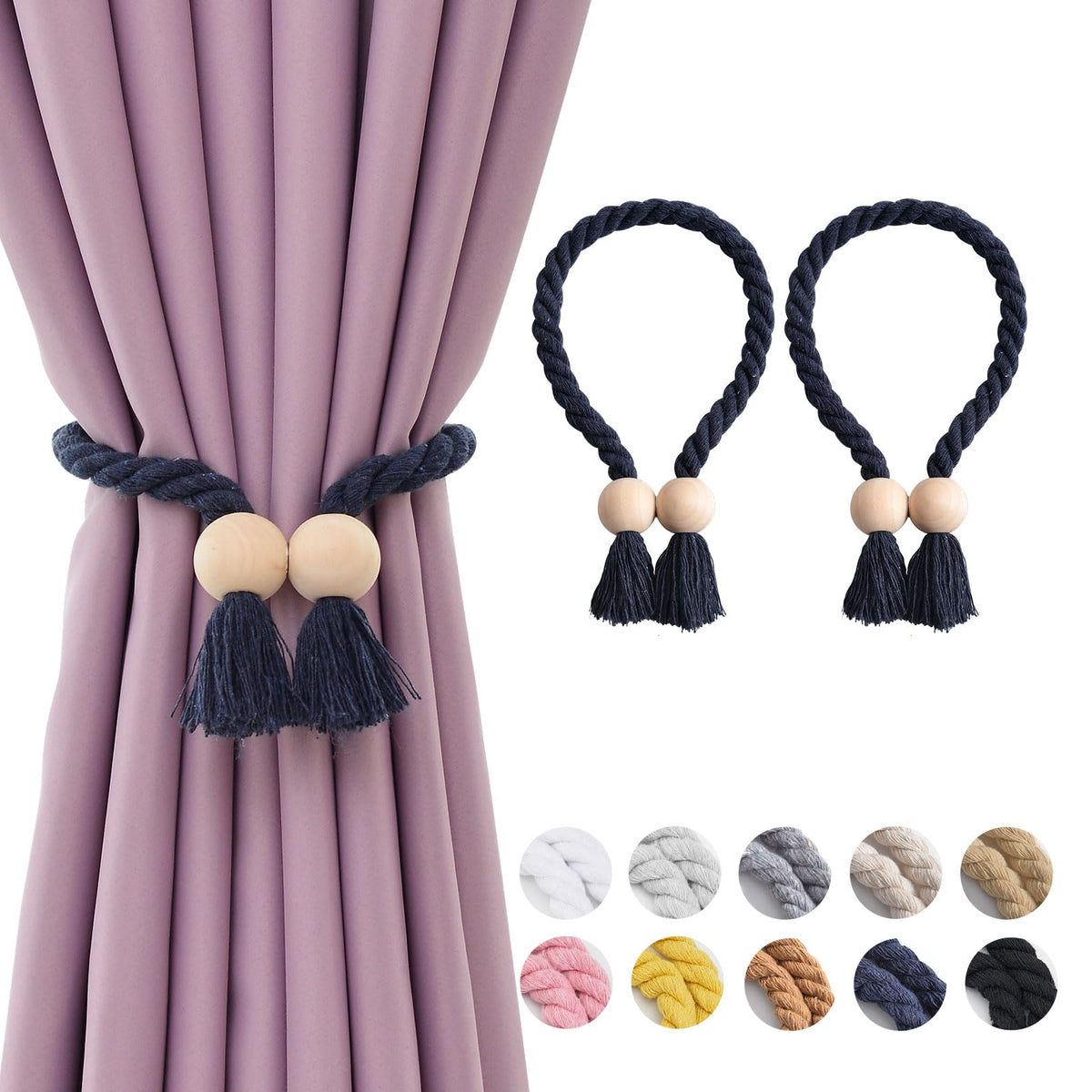 NICEEC 2 Pack Wooden Ball Magnetic Curtain Tiebacks Boho Home Decor Drape Tie Backs Natural Cotton Hand Woven Rope Curtain Holdbacks for Thin & Thick Home & Office Window Draperies (Beige)