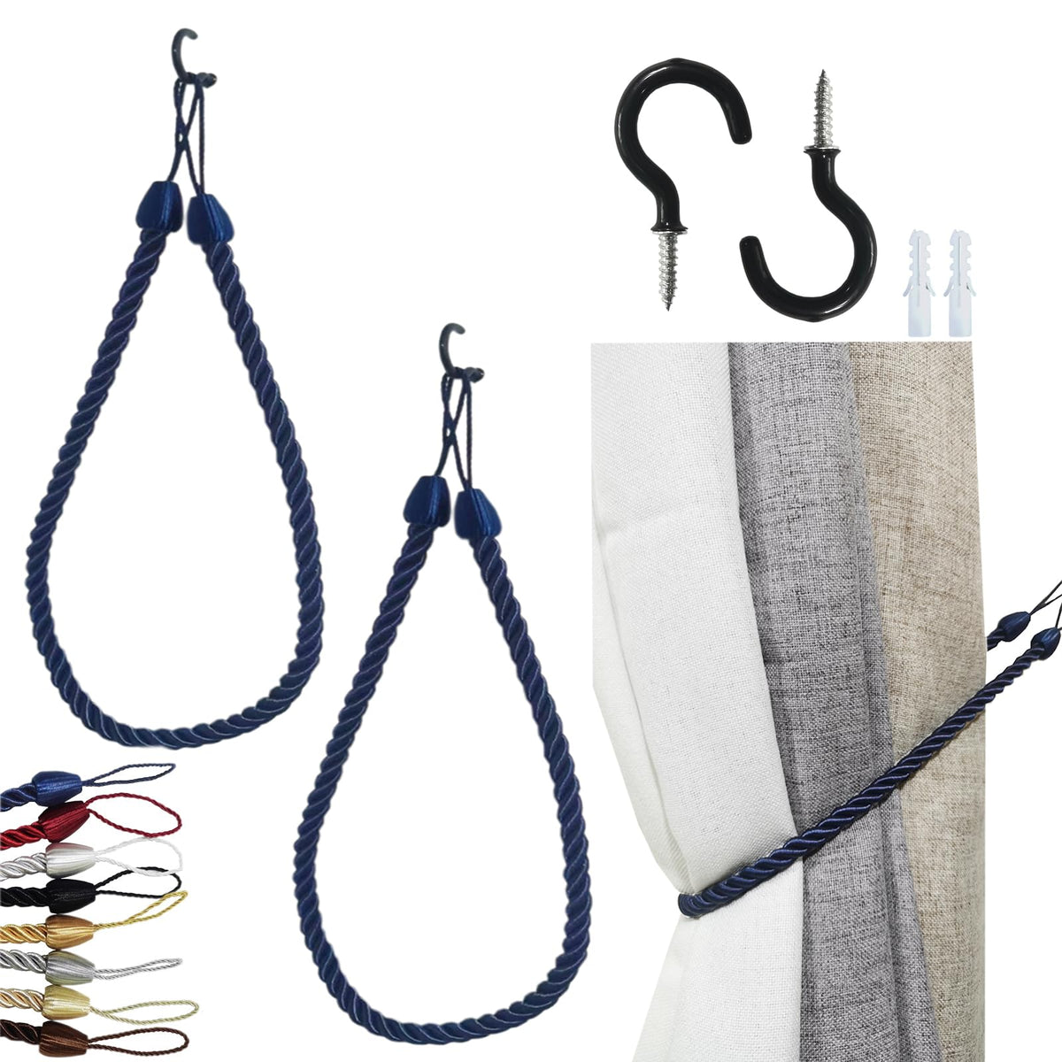 Curtain Tiebacks Ropes, Curtain Tie Backs Holdbacks Black 2 Pack
