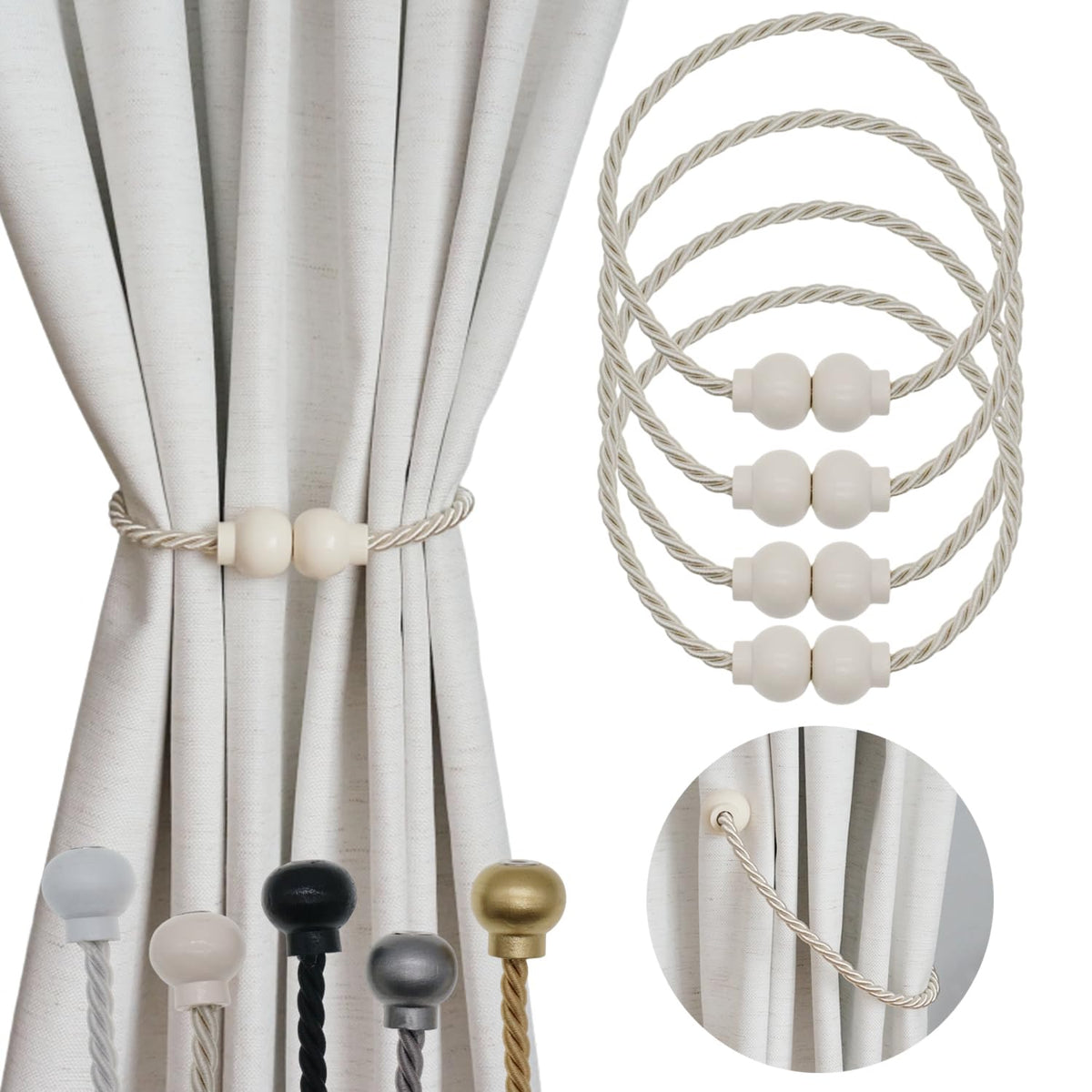 2 Pack Magnetic Curtain Tiebacks Modern Handmade Rope Curtain Tie Backs Decorative Drapes Weave Holdbacks for Home Outdoor Bedroom Office Decorative Curtain, Gold