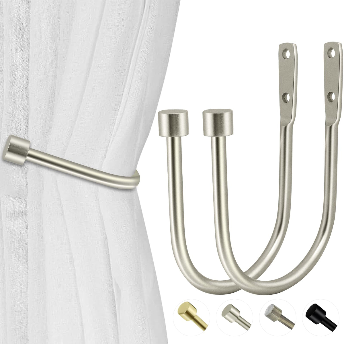 HIKMLK Minimalist Curtain Holdbacks 2pcs, 100% Cast Iron Solid Heavy Duty Metal Curtain Tieback Side Holders for Wall, Curtain Tie Hook Pull Backs for Drapes Window Home Decoration（Matte Black）