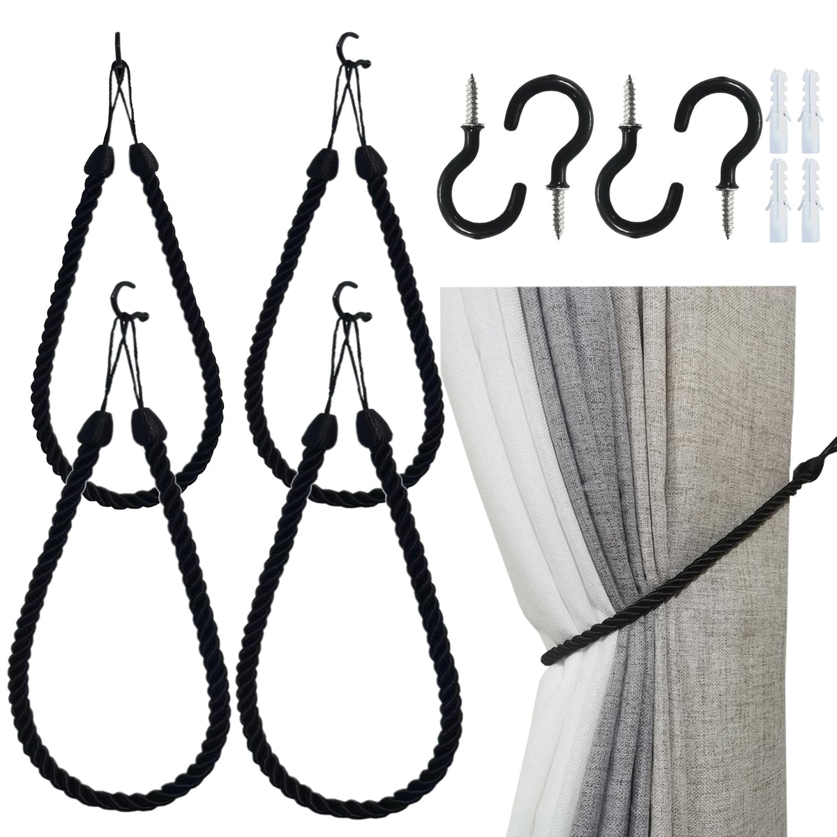 Curtain Tiebacks Ropes, Curtain Tie Backs Holdbacks Black 2 Pack
