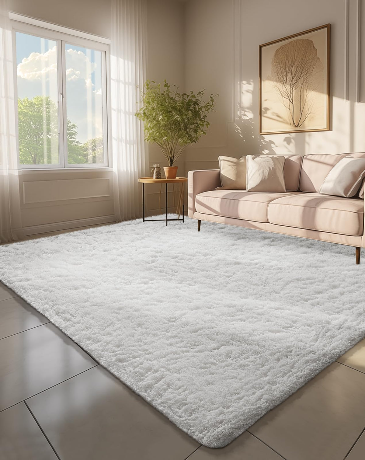 Ophanie 8x10 Area Rugs for Living Room, Washable Non-Slip Fluffy Soft Large Shag Bedroom Carpet, Ivory Big Indoor Nursery Rug, Carpets for Boy and Girls Room Dorm Decor with Over 99 pcs Pile fibers